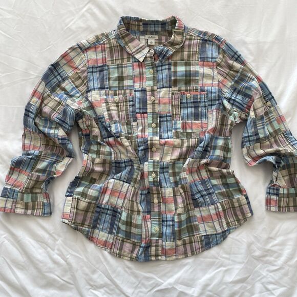 LL Bean Patchwork Plaid Womens Buttoned Shirt Madras 100% Cotton Top Size L Pet - Picture 1 of 12